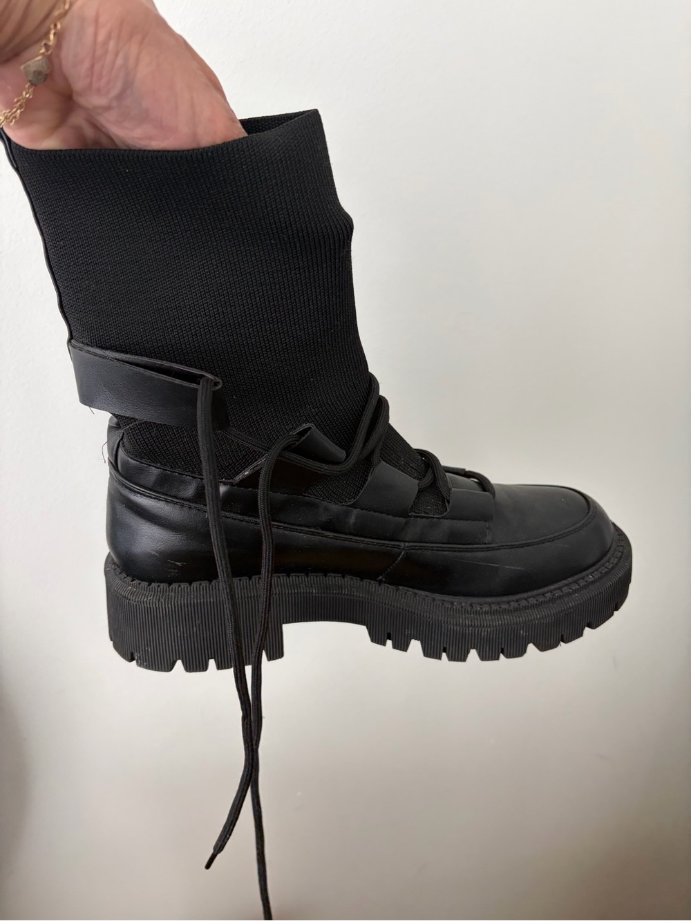 Black Lug Sole Combat Boot with Knit Shaft